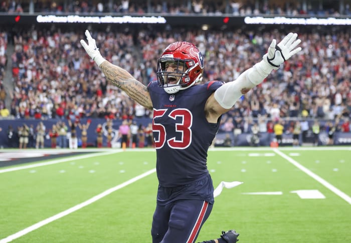 Nov 19, 2023; Houston, Texas, USA; Houston Texans linebacker Blake Cashman (53) reacts after a play during the fourth quarter against the Arizona Cardinals at NRG Stadium.